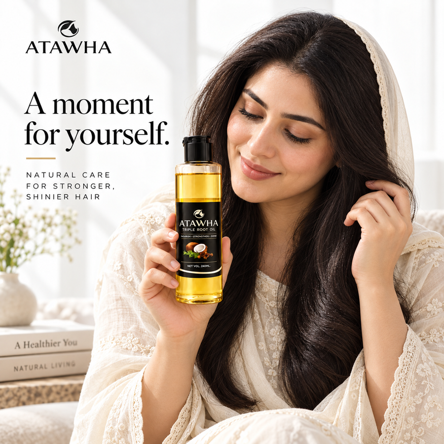 Woman in a cream outfit holding Triple Root Oil