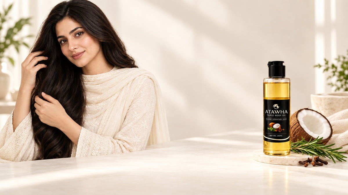 Woman with smooth dark hair beside ATAWHA Triple Root Oil and its ingredients