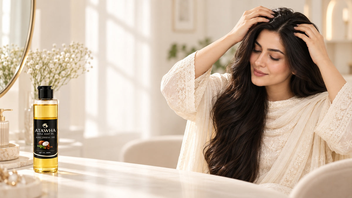 Woman gently massaging her scalp with ATAWHA Triple Root Oil nearby